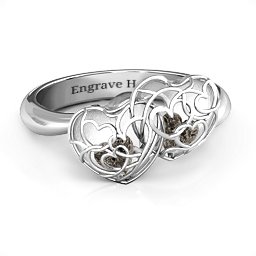 Double Heart Cage Ring with 1-6 Heart Shaped Birthstones in 925 Sterling Silver with Smokey Quartz