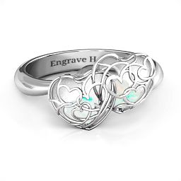 Double Heart Cage Ring with 1-6 Heart Shaped Birthstones in 925 Sterling Silver with Opal