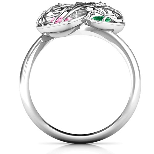Double Heart Cage Ring with 1-6 Heart Shaped Birthstones – Sterling Silver with Pink Tourmaline and Emerald