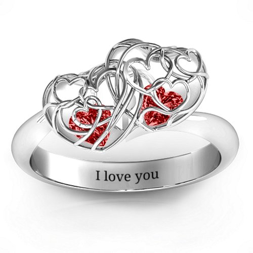 Double Heart Cage Ring with 1-6 Heart Shaped Birthstones – Sterling Silver with Garnet