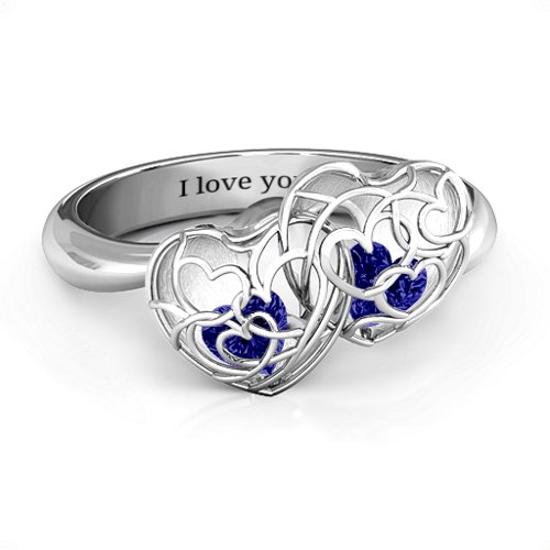 Double Heart Cage Ring with 1-6 Heart Shaped Birthstones – Sterling Silver with Blue Sapphire