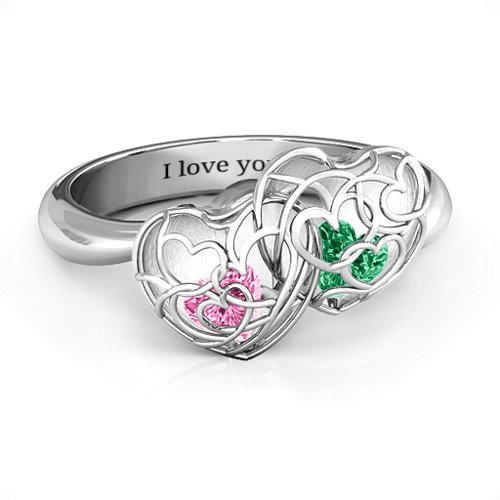 Double Heart Cage Ring with 1-6 Heart Shaped Birthstones – Sterling Silver with Pink Tourmaline and Emerald