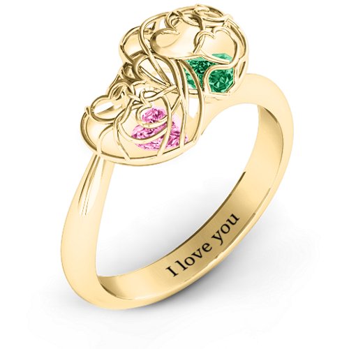 Double Heart Cage Ring with 1-6 Heart Shaped Birthstones – 9kt Yellow Gold with Pink Tourmaline and Emerald