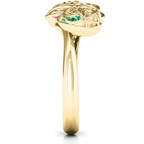 Double Heart Cage Ring with 1-6 Heart Shaped Birthstones – 9kt Yellow Gold with Pink Tourmaline and Emerald