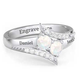 Flared Bypass Ring with Round Gemstones and Accents in 925 Sterling Silver with Opal and White Premium Zirconia