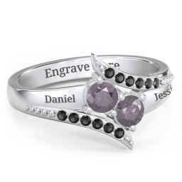 Flared Bypass Ring with Round Gemstones and Accents in 925 Sterling Silver with Alexandrite and Black Premium Zirconia