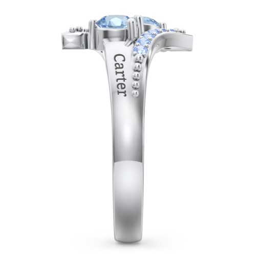 Flared Bypass Ring with Round Gemstones and Accents – Sterling Silver with Blue Topaz and Fancy Blue Premium Zirconia