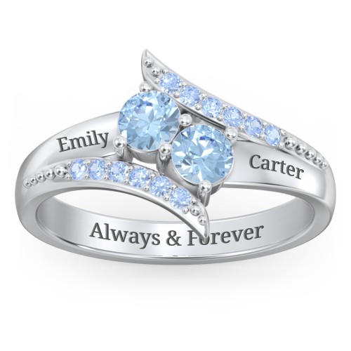 Flared Bypass Ring with Round Gemstones and Accents – Sterling Silver with Blue Topaz and Fancy Blue Premium Zirconia