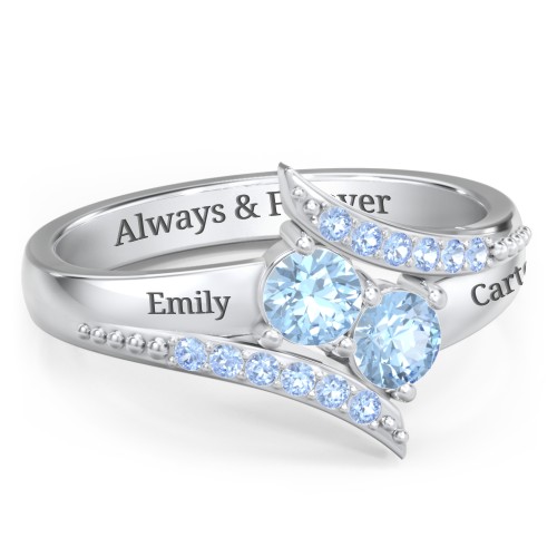 Flared Bypass Ring with Round Gemstones and Accents – Sterling Silver with Blue Topaz and Fancy Blue Premium Zirconia