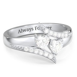 Flared Bypass Ring with Heart Gemstones and Accents in 925 Sterling Silver with Cubic Zirconia and White Premium Zirconia