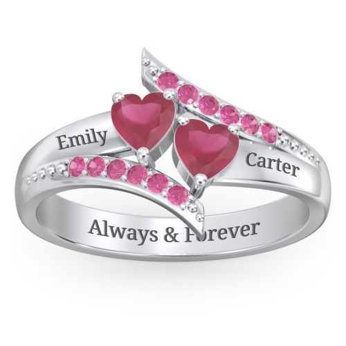 Flared Bypass Ring with Heart Gemstones and Accents