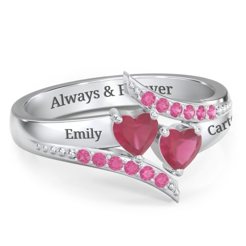 Flared Bypass Ring with Heart Gemstones and Accents