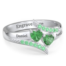 Flared Bypass Ring with Heart Gemstones and Accents in 925 Sterling Silver with Emerald and Green Premium Zirconia