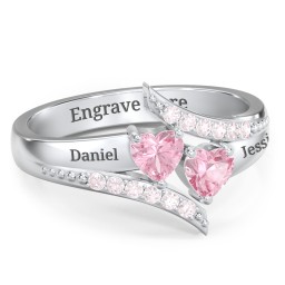 Flared Bypass Ring with Heart Gemstones and Accents in 925 Sterling Silver with Pink Tourmaline and Fancy Pink Premium Zirconia