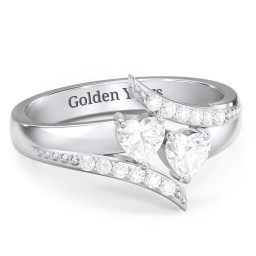 Flared Bypass Ring with Heart Gemstones and Accents in 925 Sterling Silver with Cubic Zirconia and White Premium Zirconia