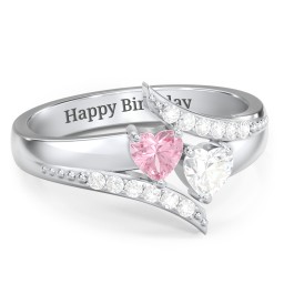 Flared Bypass Ring with Heart Gemstones and Accents in 925 Sterling Silver with Pink Tourmaline, Cubic Zirconia, and White Premium Zirconia