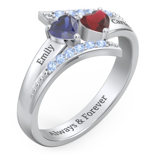 Flared Bypass Ring with Heart Gemstones and Accents – Sterling Silver with Blue Sapphire, Garnet, and Fancy Blue Premium Zirconia