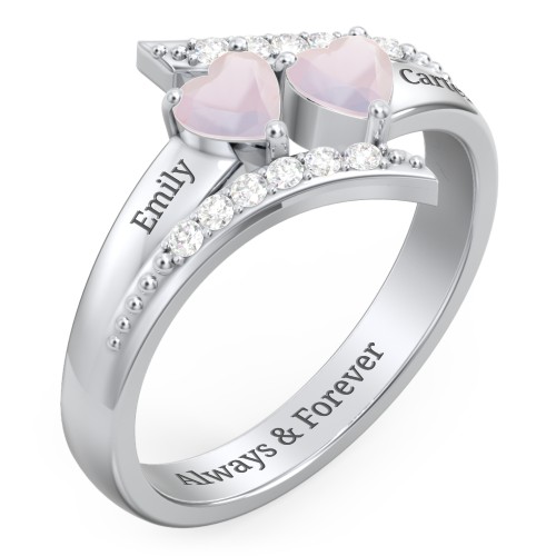 Flared Bypass Ring with Heart Gemstones and Accents – Sterling Silver with Opal and White Premium Zirconia