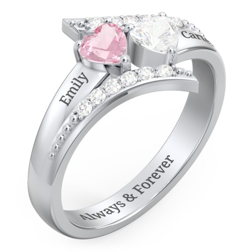 Flared Bypass Ring with Heart Gemstones and Accents – Sterling Silver with Pink Tourmaline, Cubic Zirconia, and White Premium Zirconia