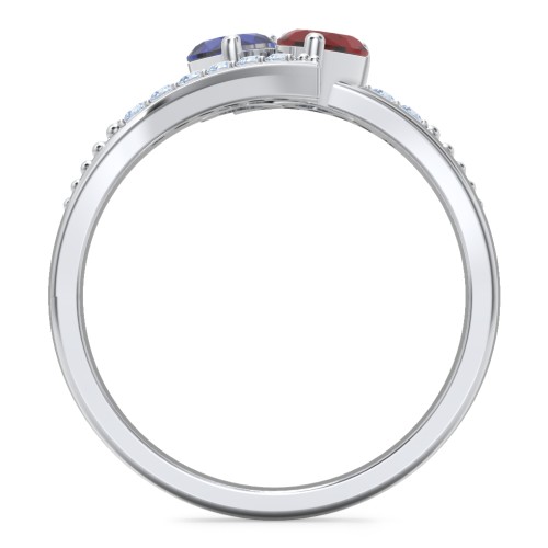 Flared Bypass Ring with Heart Gemstones and Accents – Sterling Silver with Blue Sapphire, Garnet, and Fancy Blue Premium Zirconia