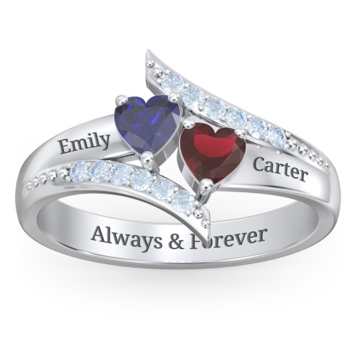 Flared Bypass Ring with Heart Gemstones and Accents – Sterling Silver with Blue Sapphire, Garnet, and Fancy Blue Premium Zirconia