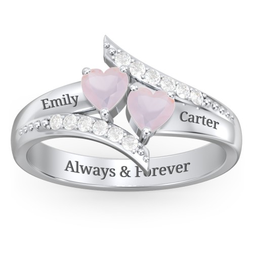 Flared Bypass Ring with Heart Gemstones and Accents – Sterling Silver with Opal and White Premium Zirconia