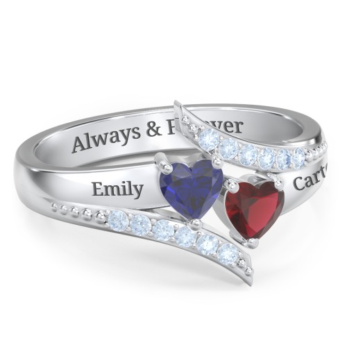 Flared Bypass Ring with Heart Gemstones and Accents – Sterling Silver with Blue Sapphire, Garnet, and Fancy Blue Premium Zirconia