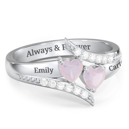 Flared Bypass Ring with Heart Gemstones and Accents – Sterling Silver with Opal and White Premium Zirconia