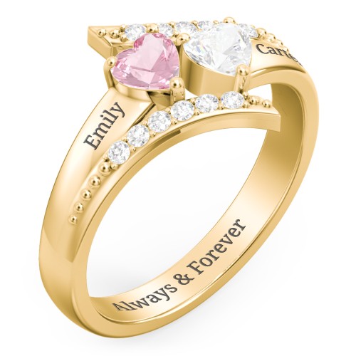 Flared Bypass Ring with Heart Gemstones and Accents – 9kt Yellow Gold with Pink Tourmaline, Cubic Zirconia, and White Premium Zirconia
