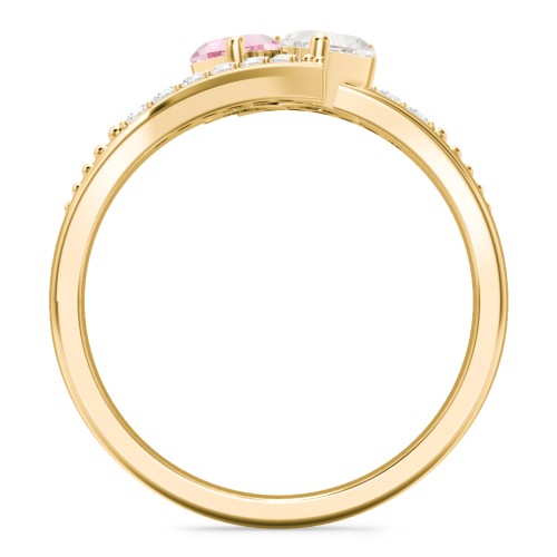 Flared Bypass Ring with Heart Gemstones and Accents – 9kt Yellow Gold with Pink Tourmaline, Cubic Zirconia, and White Premium Zirconia
