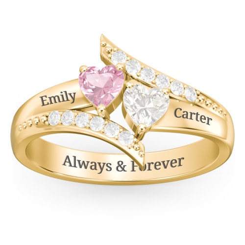 Flared Bypass Ring with Heart Gemstones and Accents – 9kt Yellow Gold with Pink Tourmaline, Cubic Zirconia, and White Premium Zirconia