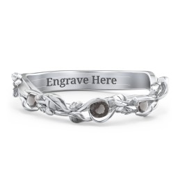Leaf Band Ring with Gemstones in 925 Sterling Silver with Smokey Quartz