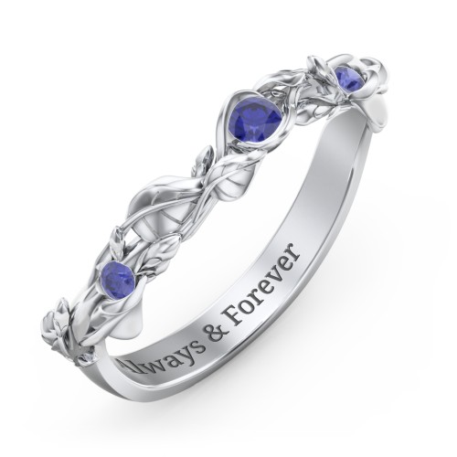 Leaf Band Ring with Gemstones – Sterling Silver with Blue Sapphire
