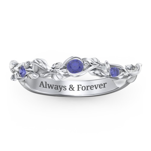 Leaf Band Ring with Gemstones – Sterling Silver with Blue Sapphire