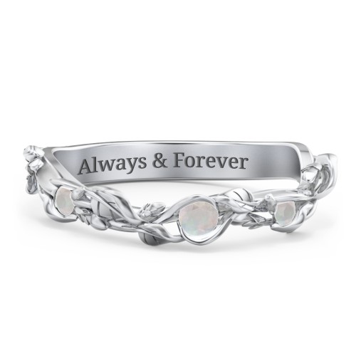 Leaf Band Ring with Gemstones – Sterling Silver with Opal