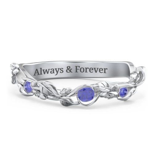 Leaf Band Ring with Gemstones – Sterling Silver with Blue Sapphire