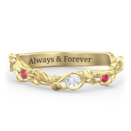 Leaf Band Ring with Gemstones in 9K Solid Yellow Gold with Cubic Zirconia and Garnet