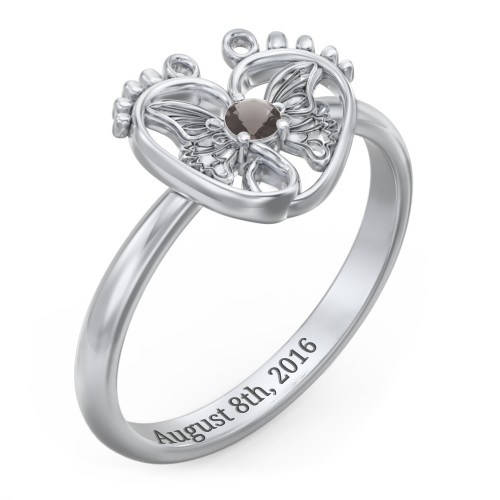 Butterfly Baby Feet Ring – Sterling Silver with Smokey Quartz