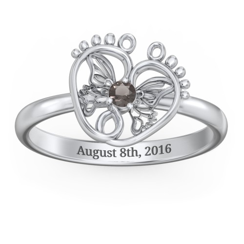 Butterfly Baby Feet Ring – Sterling Silver with Smokey Quartz