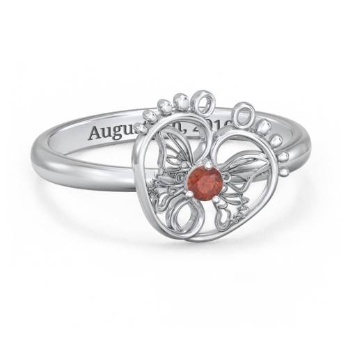 Butterfly Baby Feet Ring – Sterling Silver with Garnet