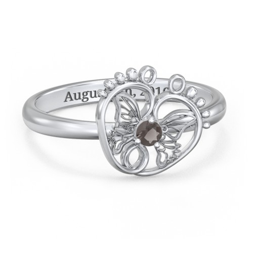Butterfly Baby Feet Ring – Sterling Silver with Smokey Quartz