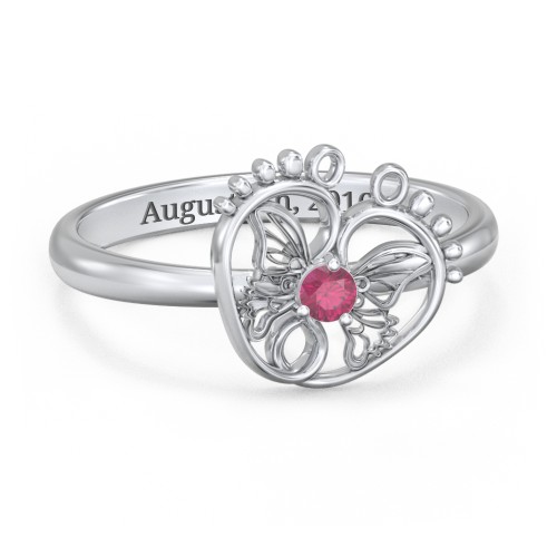 Butterfly Baby Feet Ring – Sterling Silver with Ruby