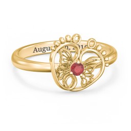 Butterfly Baby Feet Ring in 9K Solid Yellow Gold with Garnet