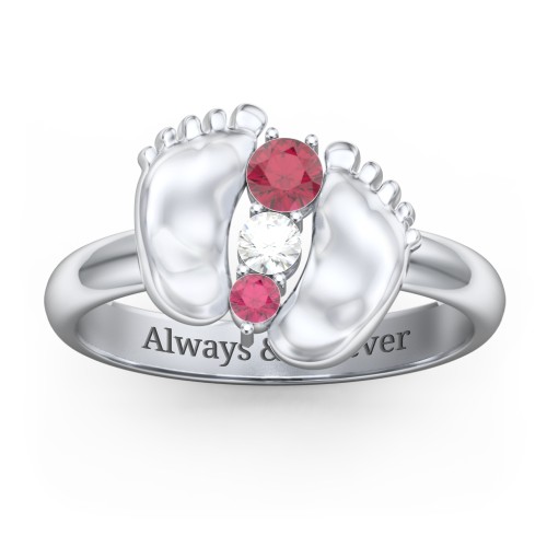 Baby Feet Birthstone Ring – Sterling Silver with Ruby and Cubic Zirconia
