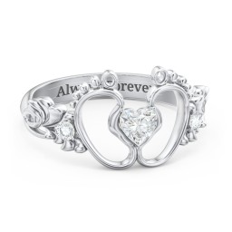 Baby Footprints Ring with Heart Cut Gemstone and Accents