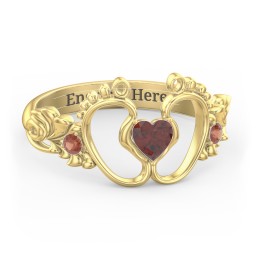 Baby Footprints Ring with Heart Cut Gemstone and Accents