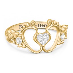 Baby Footprints Ring with Heart Cut Gemstone and Accents