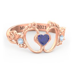 Baby Footprints Ring with Heart Cut Gemstone and Accents