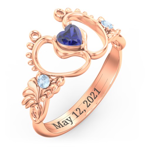 Baby Footprints Ring with Heart Cut Gemstone and Accents – 9kt Rose Gold with Blue Sapphire and Blue Topaz