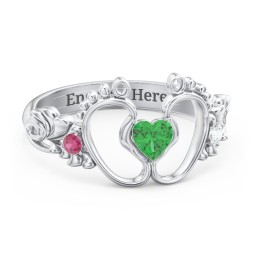 Baby Footprints Ring with Heart Cut Gemstone and Accents in 925 Sterling Silver with Emerald, Ruby, and Cubic Zirconia